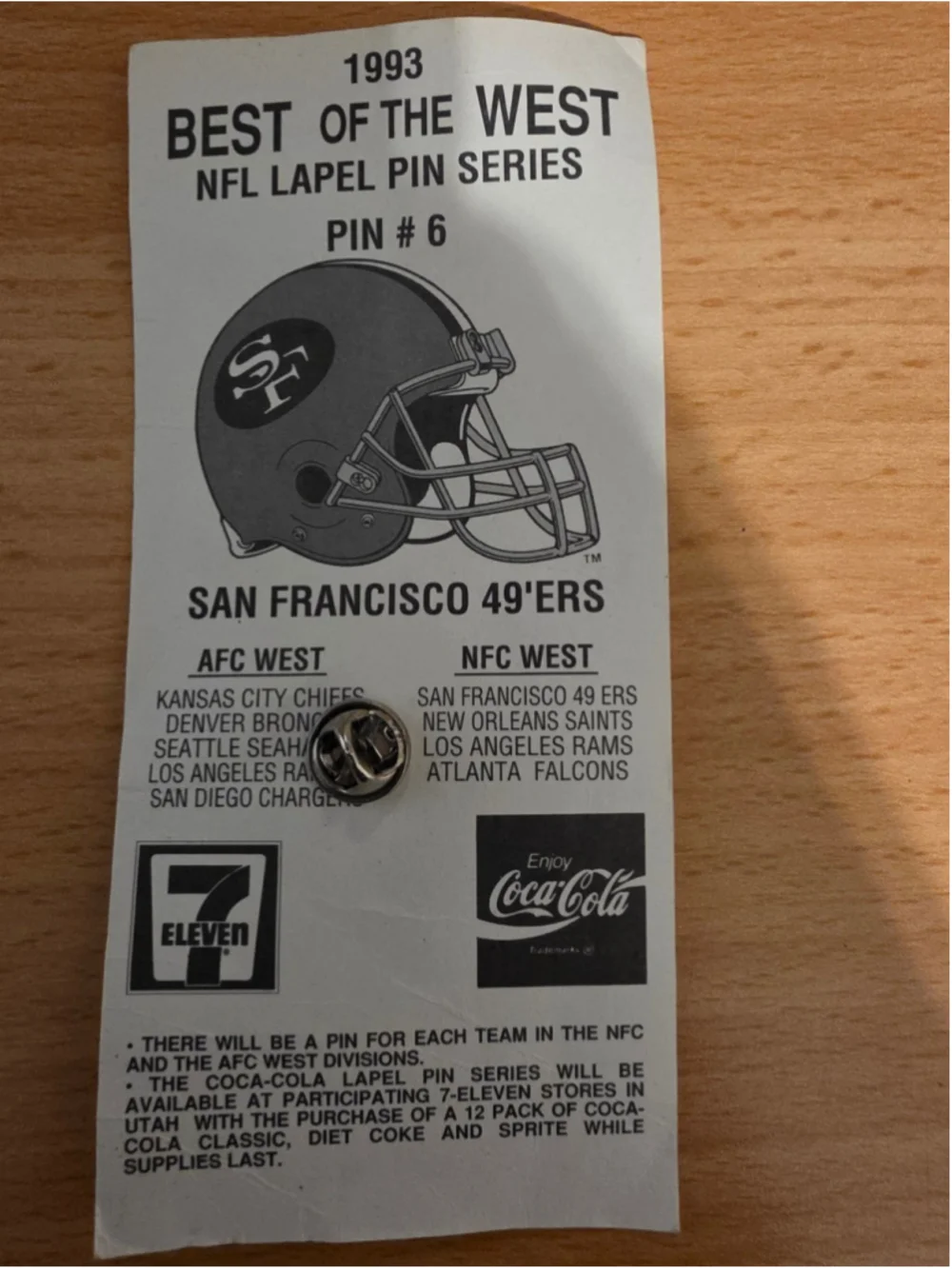 VTG 1993 Coca-Cola 7-Eleven Best of the West NFL Pin #6 San Francisco 49ers NIP